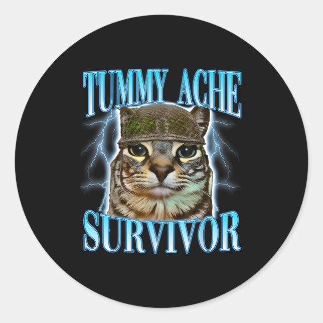 Funny Saying Cats Tummy Ache Survivor Cat Meme Hum Runder Aufkleber (Vorderseite)