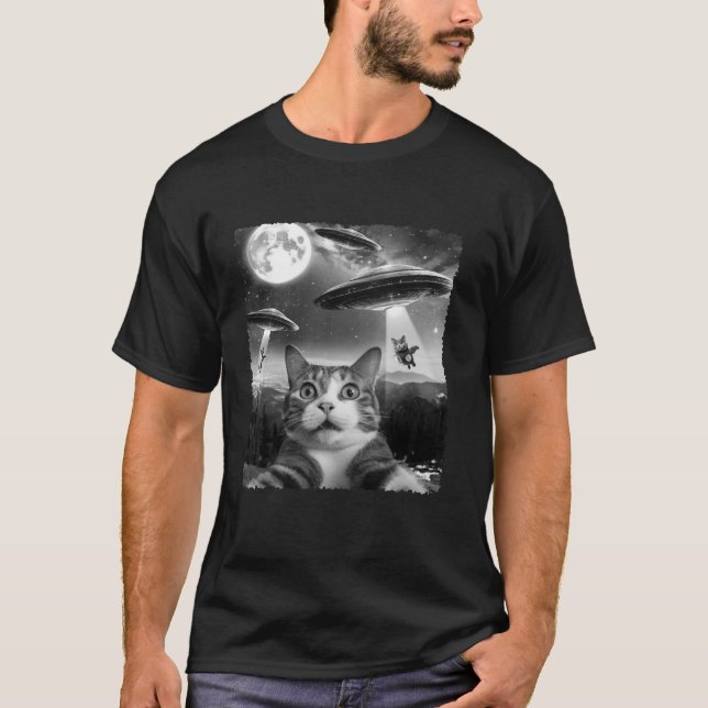 Funny Scared Cat Selfie mit Alien UFOs Geschenk Mä T-Shirt (Vorderseite)