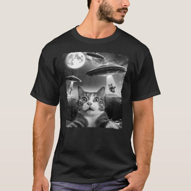 Funny Scared Cat Selfie with Alien UFOs Gift Men W T-Shirt (Vorderseite)