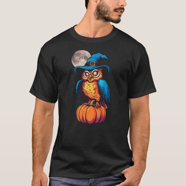 Funny Scary Owl Witch Hat Pumpkin Halloween Owl Lo T-Shirt (Vorderseite)