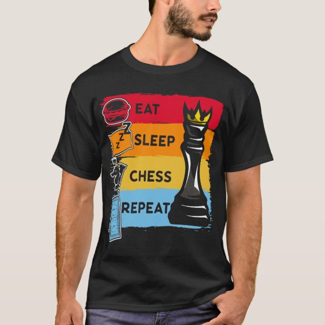 Funny Schach King isst Schlaf Schach wiederholen T-Shirt (Vorderseite)