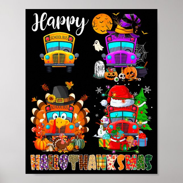 Funny School Bus Witch Turkey Santa Happy Hallotha Poster (Vorne)