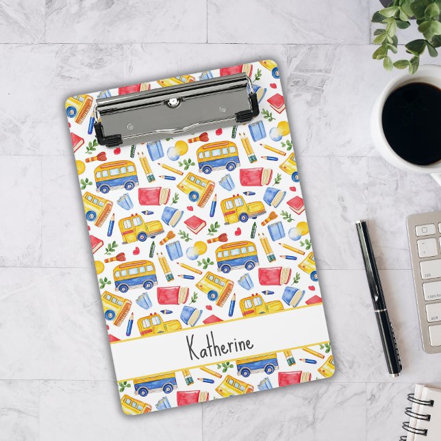 Funny School Bus zurück zum Schulnamen Muster Mini Klemmbrett (Von Creator hochgeladen)