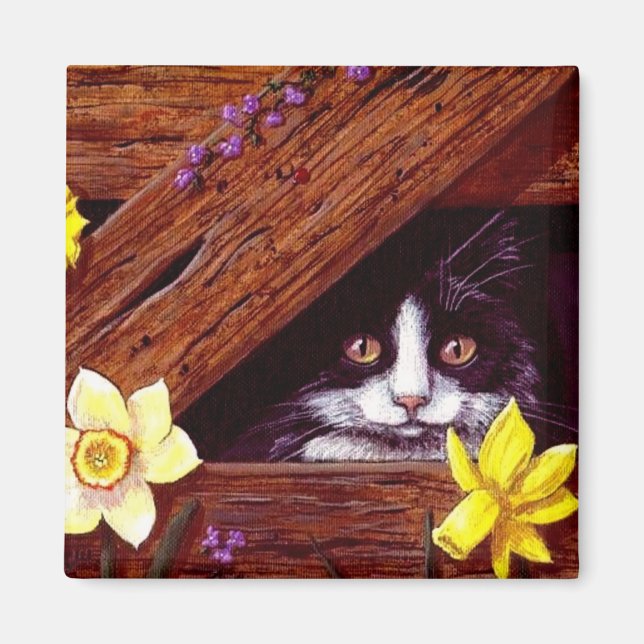 Funny Schwarz-weiß Cat Daffodils Creationarts Magnet (Vorne)