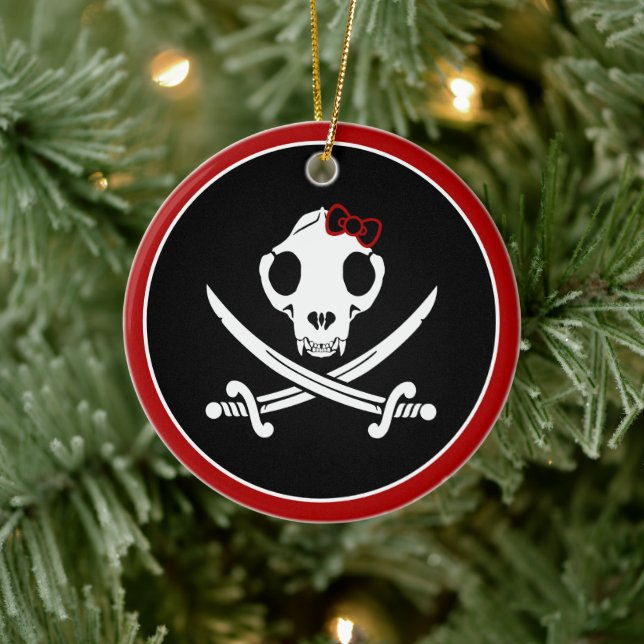 Funny Schwarz-weiß Jolly Kitty Pirate Skull Bones Keramik Ornament (Baum)