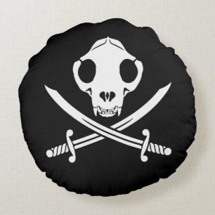 Funny Schwarz-weiß Jolly Kitty Pirate Skull Bones Rundes Kissen