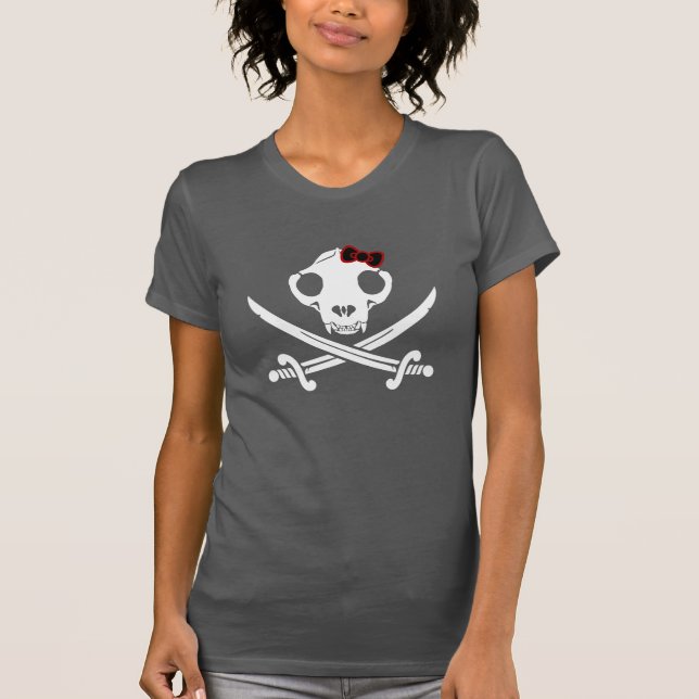 Funny Schwarz-weiß Jolly Kitty Pirate Skull Bones T-Shirt (Vorderseite)