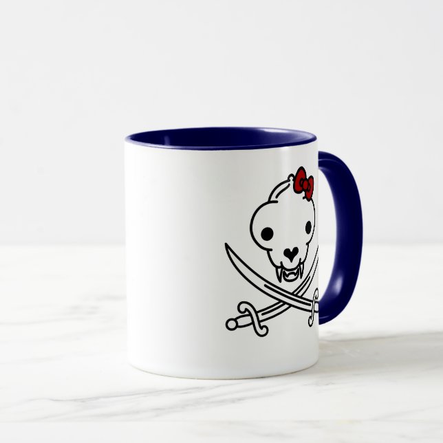 Funny Schwarz-weiß Jolly Kitty Pirate Skull Bones Tasse (VorderseiteRechts)