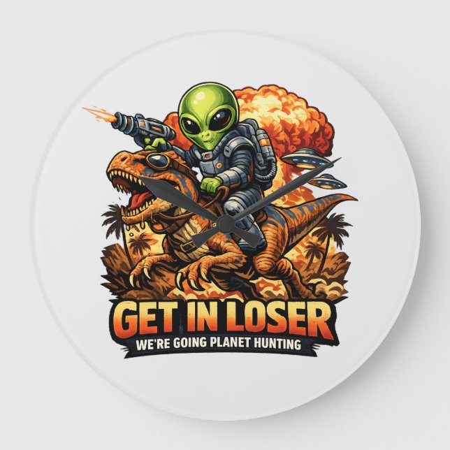 Funny Sci-Fi Fantasy Meme Art, Alien Riding Dinosa Große Wanduhr (Vorderseite)
