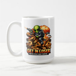 Funny Sci-Fi Fantasy Meme Art, Alien Riding Dinosa Kaffeetasse