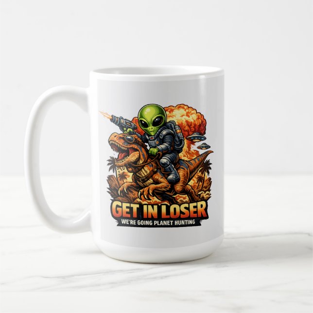 Funny Sci-Fi Fantasy Meme Art, Alien Riding Dinosa Kaffeetasse (Links)