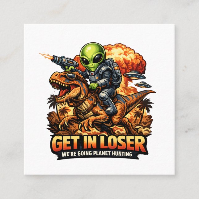 Funny Sci-Fi Fantasy Meme Art, Alien Riding Dinosa Quadratische Visitenkarte (Vorderseite)