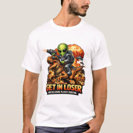 Funny Sci-Fi Fantasy Meme Art, Alien Riding Dinosa T-Shirt