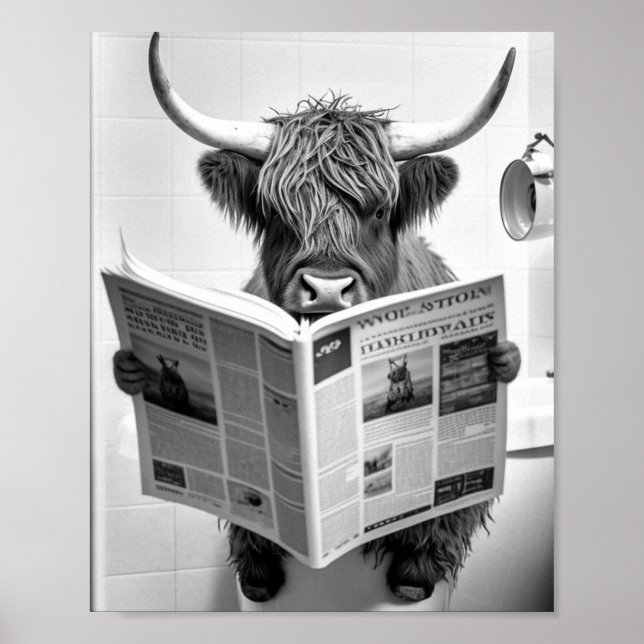 Funny Scottish Highland Cow in Bathroom Wall Art Poster (Vorne)