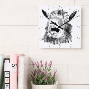 Funny Screaming Goat Drawing Quirky Quadratische Wanduhr