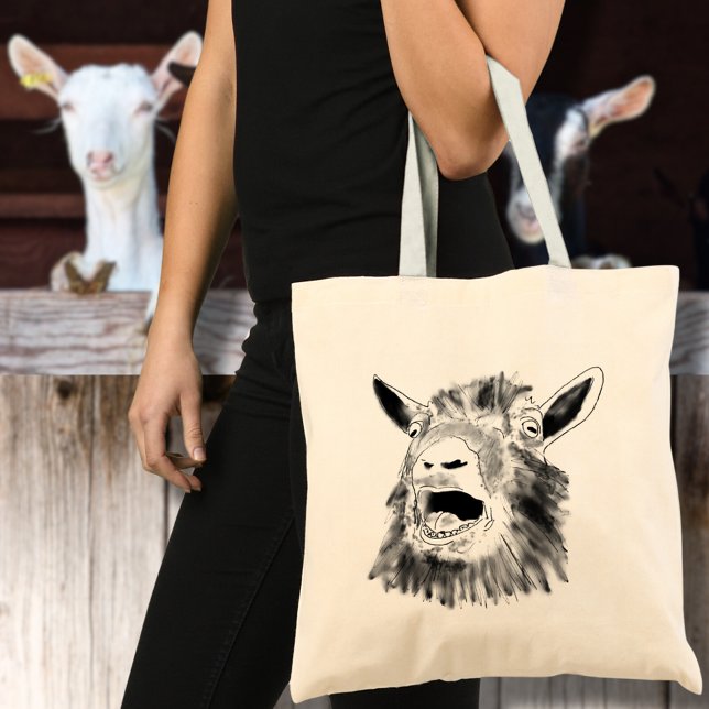 Funny Screaming Goat Drawing Quirky Tragetasche (Funny screaming goat drawing tote bag black and white farm animal art humor)