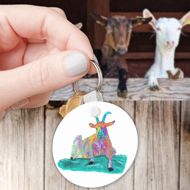 Funny Screening Goat Animal Art Malerei Design Schlüsselanhänger (Funny screaming goat colorful farm animal art keyring )