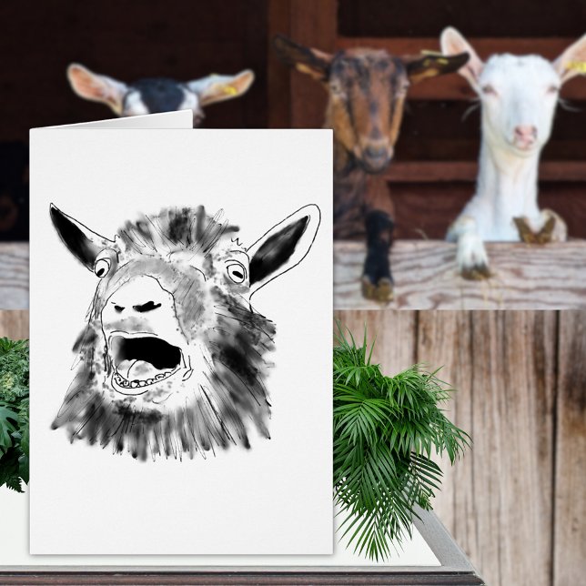 Funny Screening Goat Zeichnend (Funny screaming goat drawing black and white greetings card simple fun farm animal art)