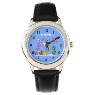 Funny Scuba Diver und Fischarten Cartoon Armbanduhr