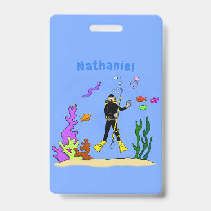 Funny Scuba Diver und Fischarten Cartoon Ausweis