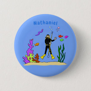 Funny Scuba Diver und Fischarten Cartoon Button