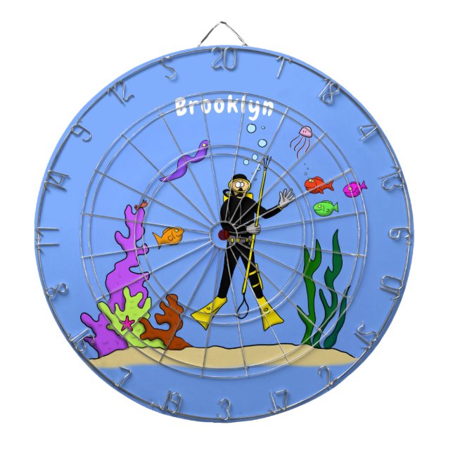 Funny Scuba Diver und Fischarten Cartoon Dartscheibe (vorne)