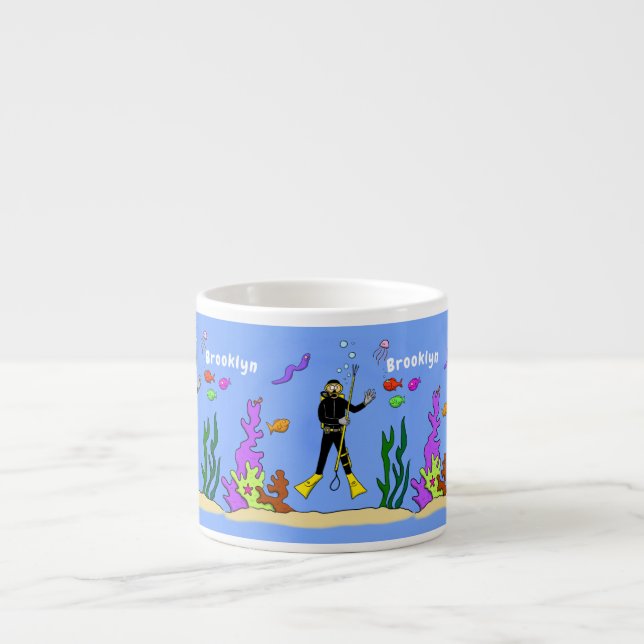 Funny Scuba Diver und Fischarten Cartoon Espressotasse (Vorderseite)