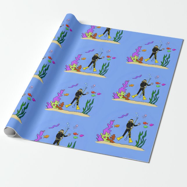 Funny Scuba Diver und Fischarten Cartoon Geschenkpapier (Ungerollt)