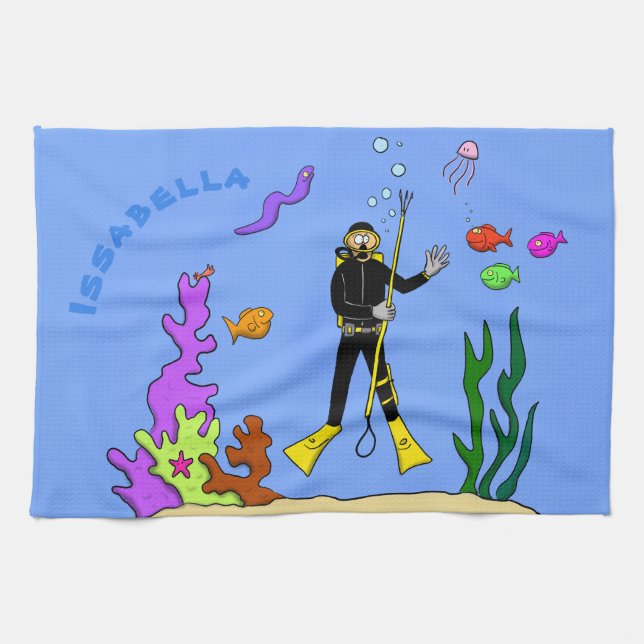 Funny Scuba Diver und Fischarten Cartoon Geschirrtuch (Horizontal)
