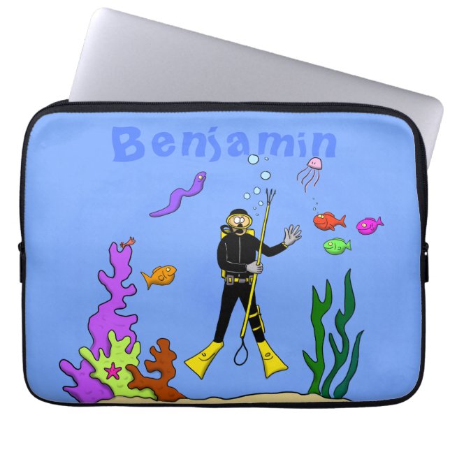 Funny Scuba Diver und Fischarten Cartoon Laptopschutzhülle (Vorderseite)