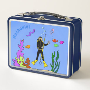 Funny Scuba Diver und Fischarten Cartoon Metall Brotdose