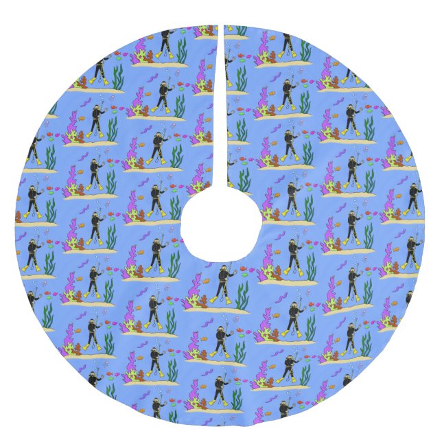 Funny Scuba Diver und Fischarten Cartoon Polyester Weihnachtsbaumdecke (Vorderseite)