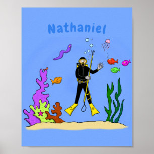 Funny Scuba Diver und Fischarten Cartoon Poster