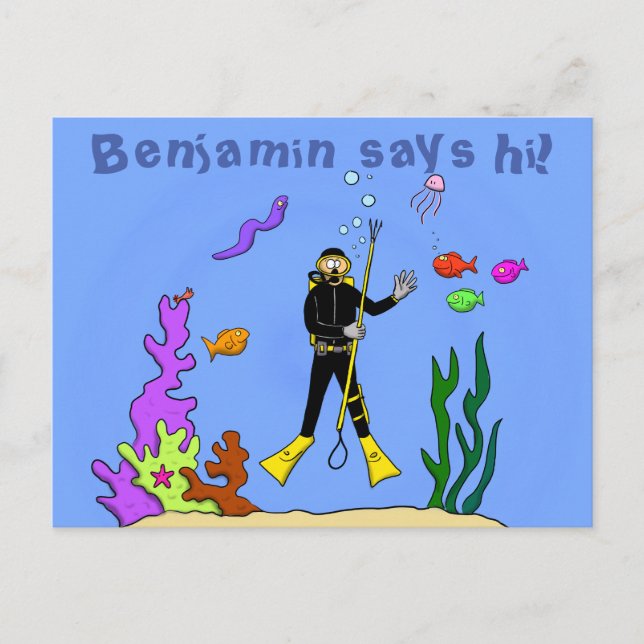 Funny Scuba Diver und Fischarten Cartoon Postkarte (Vorderseite)
