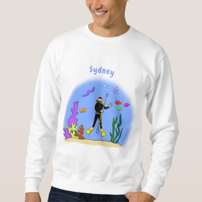 Funny Scuba Diver und Fischarten Cartoon Sweatshirt (Vorderseite)
