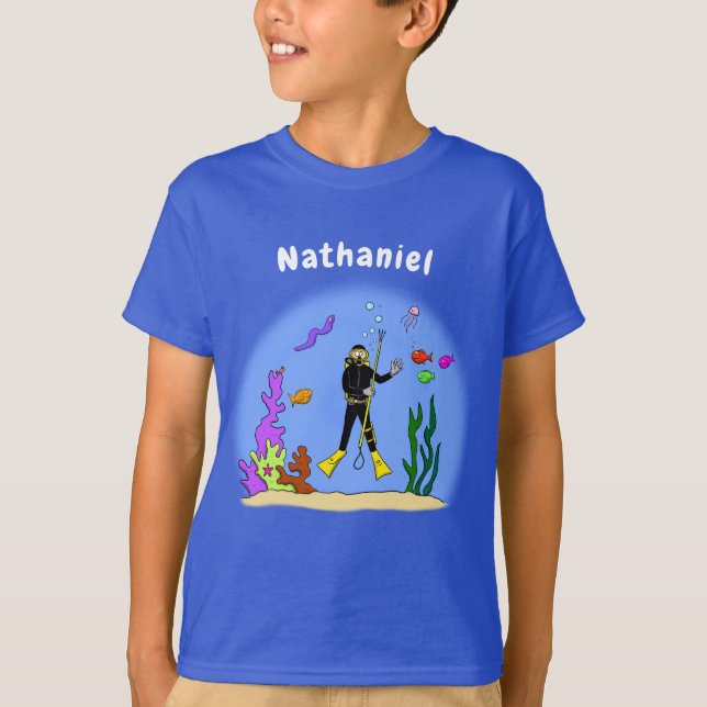 Funny Scuba Diver und Fischarten Cartoon T-Shirt (Vorderseite)