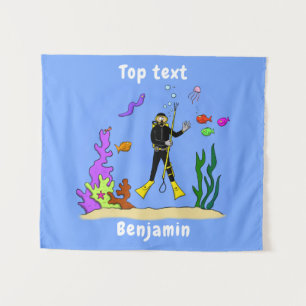 Funny Scuba Diver und Fischarten Cartoon Wandteppich