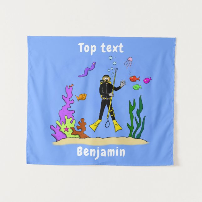 Funny Scuba Diver und Fischarten Cartoon Wandteppich (Vorderseite (Horizontal))