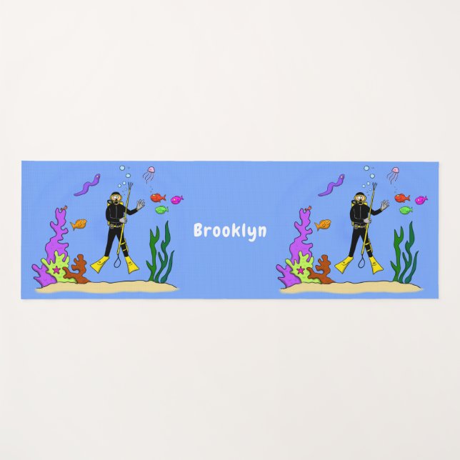 Funny Scuba Diver und Fischarten Cartoon Yogamatte (Vorderseite (Horizontal))