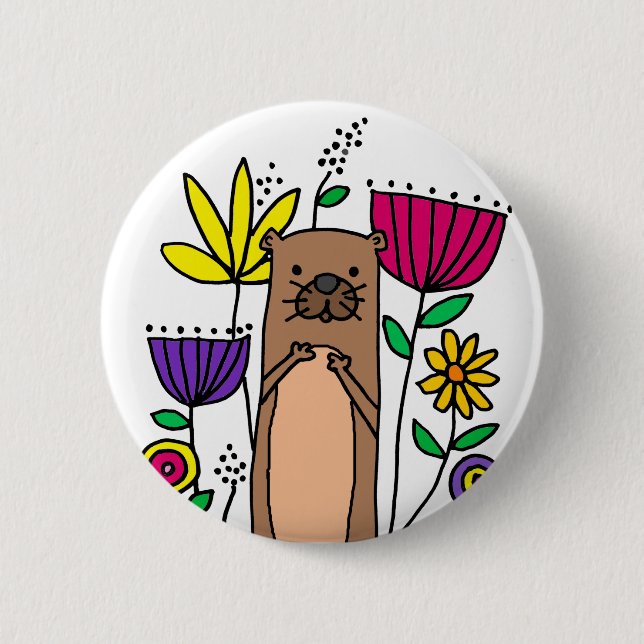 Funny Sea Otter im Blumengarten Cartoon Button (Vorderseite)