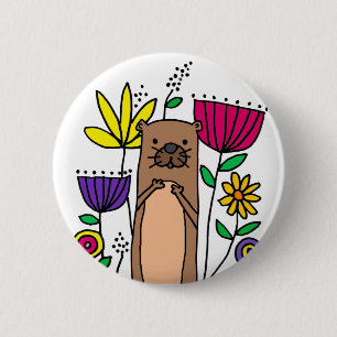 Funny Sea Otter im Blumengarten Cartoon Button