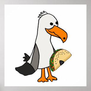 Funny Seagull Bird frisst Taco Cartoon Poster