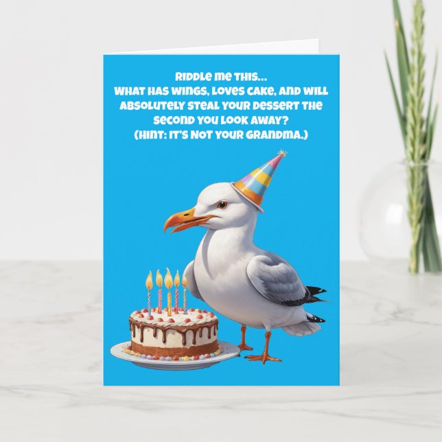 Funny Seagull Birthday Riddle - Kuchen auf Gefahr! Karte (Vorderseite)