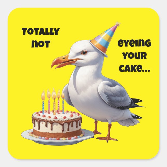 Funny Seagull Cake Joke - Totally Innocent! Quadratischer Aufkleber (Vorderseite)