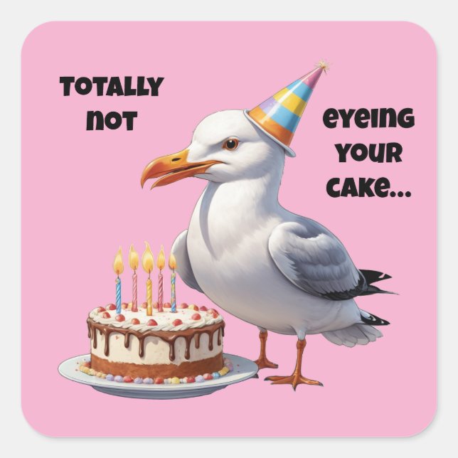 Funny Seagull Cake Joke - Totally Innocent! Quadratischer Aufkleber (Vorderseite)