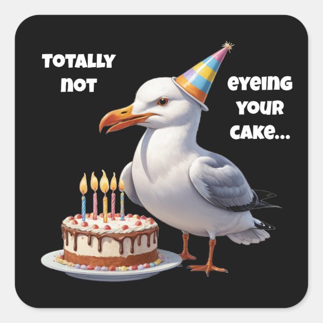 Funny Seagull Cake Joke - Totally Innocent! Quadratischer Aufkleber (Vorderseite)