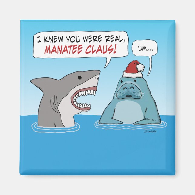 Funny Shark and Manatee Claus Christmas Magnet (Vorne)