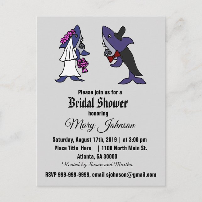 Funny Shark Braut und Groom Wedding Einladungspostkarte (Vorderseite)