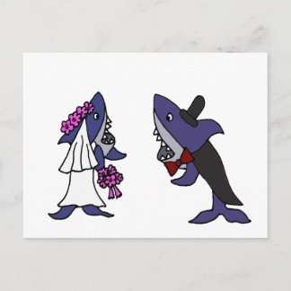 Funny Shark Briand Groom Wedding Cartoon Postkarte