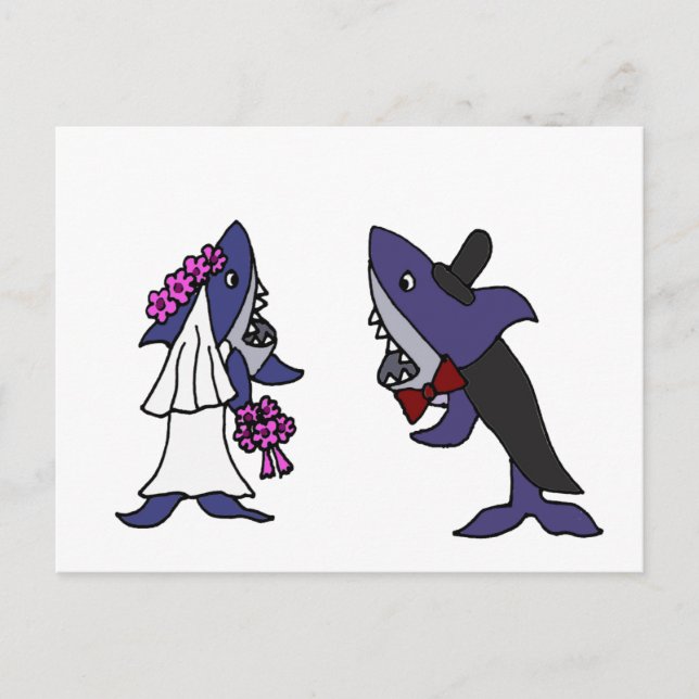 Funny Shark Briand Groom Wedding Cartoon Postkarte (Vorderseite)